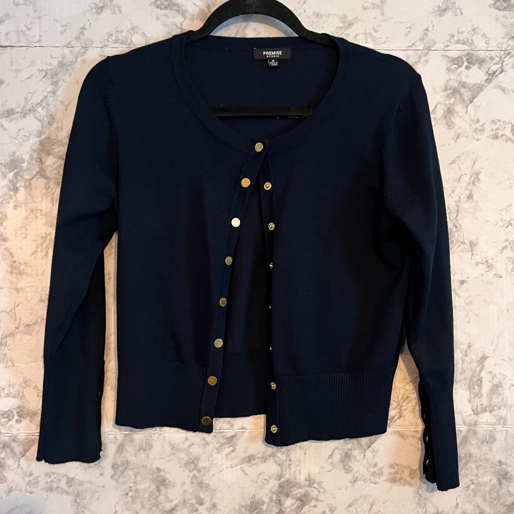 Premise Cardigan Navy Size M Snap Closure with Gold Snap Detail on Sleeves